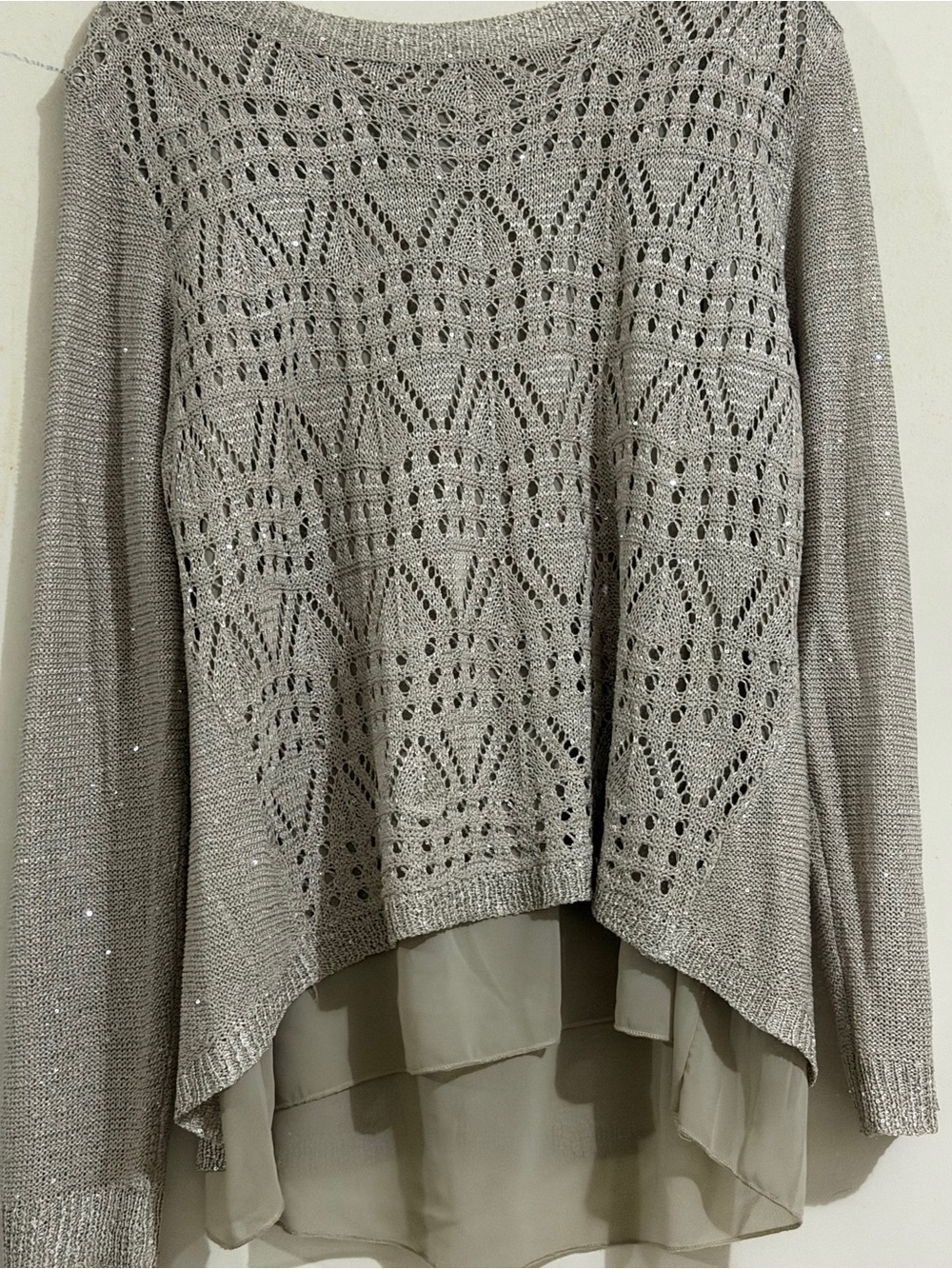 Milano Taupe Metallic Open-Knit Scoop Neck Sweater with Chiffon Layer